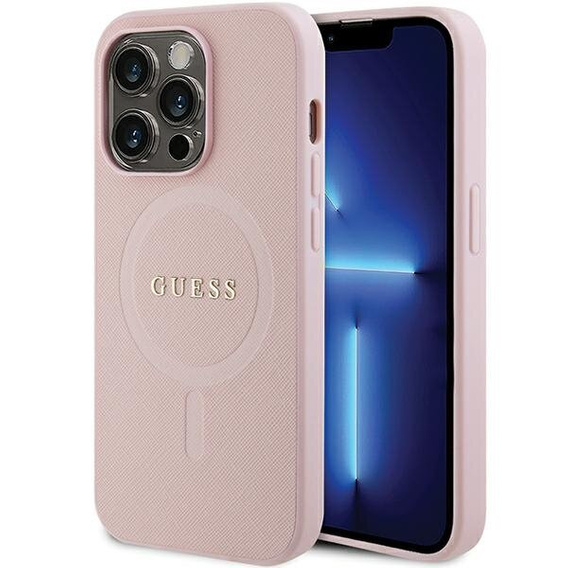 Pouzdro GUESS pro iPhone 14 Pro, Saffiano MagSafe, růžové