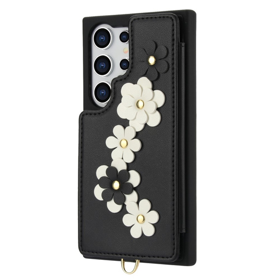 Pouzdro pro Samsung Galaxy S25 Ultra, Leather Flower Card Slot, černé