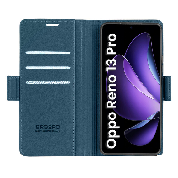 Pouzdro pro Oppo Reno 13 Pro, ERBORD Glossy Litchi, flipová peněženka, modré