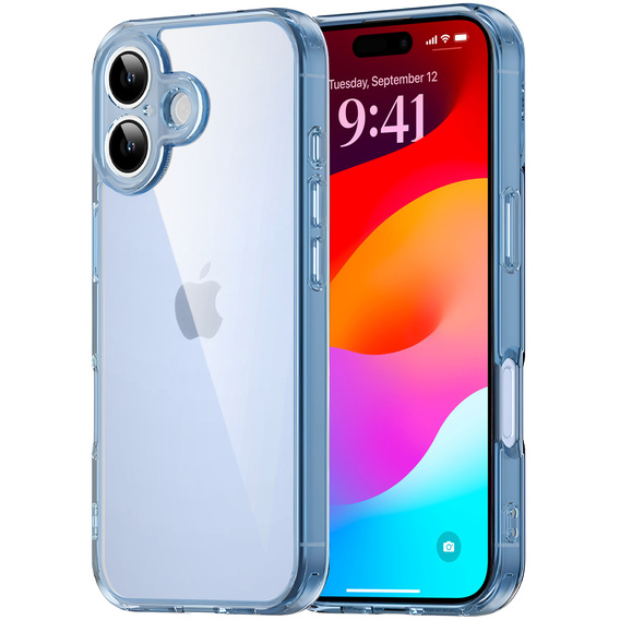 Pouzdro pro iPhone 17, s krytem fotoaparátu, průhledné s modrými boky