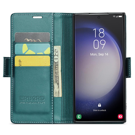 Pouzdro pro Samsung Galaxy S24 Ultra, ERBORD Glossy Litchi, flipová peněženka, zelené