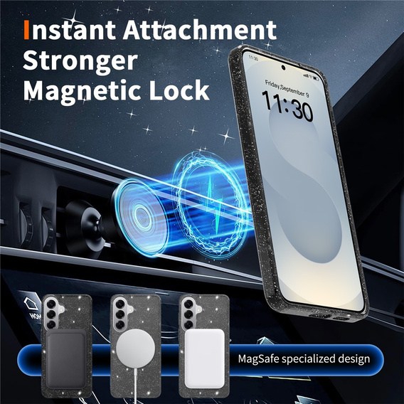 Brokatové pouzdro, pro MagSafe pro Samsung Galaxy S26 Plus, průhledné / černé