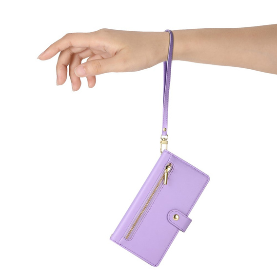 Klopové pouzdro pro iPhone 16 Plus, Wallet Zipper Pocket, fialové