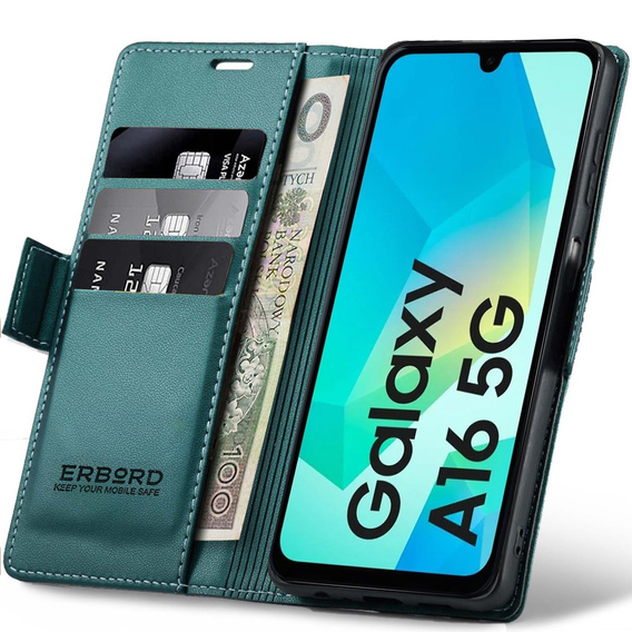Pouzdro pro Samsung Galaxy A16, ERBORD Glossy Litchi, flipová peněženka, zelené
