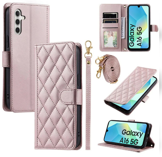 Pouzdro s klopou pro Samsung Galaxy A16, Rhombus Crossbody Leather, růžové rose gold