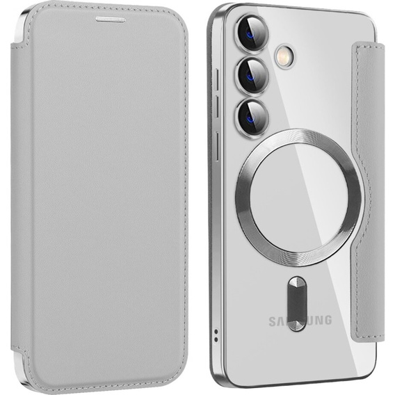 Klopové pouzdro pro Samsung Galaxy S24, RFID Wallet MagSafe CamShield, stříbrné