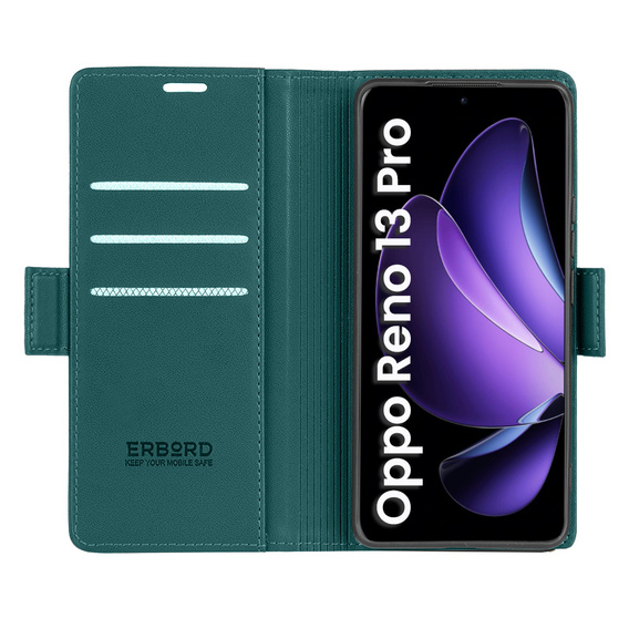 Pouzdro pro Oppo Reno 13 Pro, ERBORD Glossy Litchi, flipová peněženka, zelené