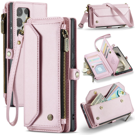 Pouzdro CASEME pro Samsung Galaxy S25 Ultra, RFID Leather Wallet, s popruhem přes rameno, růžové