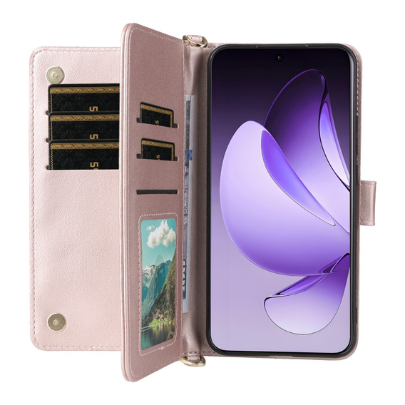 Flipové pouzdro pro Oppo Reno 13 Pro 5G, Crossbody Leather Wallet, růžové