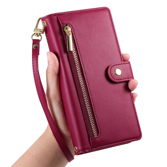 Klopové pouzdro pro Samsung Galaxy S25, Wallet Zipper Pocket, červené