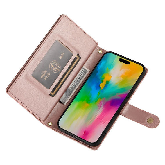 Klopové pouzdro pro iPhone 16 Pro, Wallet Zipper Pocket, růžové