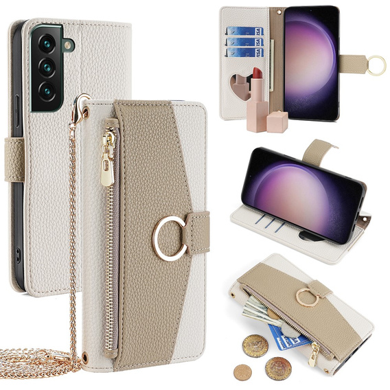 Flipové pouzdro Wallet Zipper Pocket pro Samsung Galaxy S23 FE, Wallet Zipper Pocket, se zrcátkem, bílé