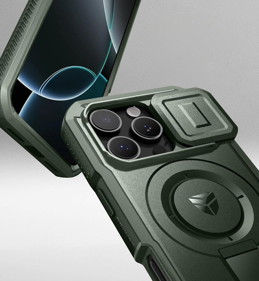 Pancéřové pouzdro pro iPhone 16 Pro, Dexnor CamProtect MagSafe, zelené (dva rámečky)