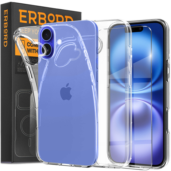 Pouzdro pro iPhone 16, ERBORD Slim, průhledné + 9H sklo