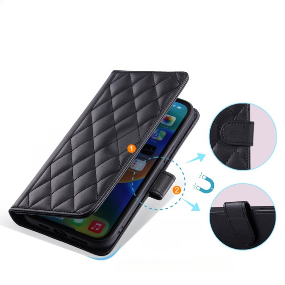 Pouzdro s klopou pro iPhone 16 Plus, Rhombus Crossbody Leather, černé
