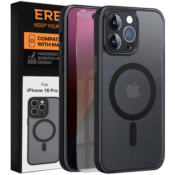 Pouzdro pro iPhone 16 Pro, pro MagSafe, ERBORD Matt Case, černý + sklo na displej