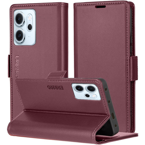 Pouzdro pro Oppo Reno 14 F / 14 FS, ERBORD Glossy Litchi, flipová peněženka, červené