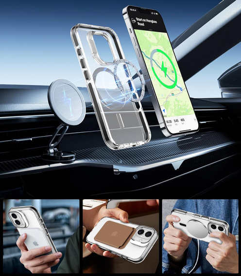 Pouzdro pro iPhone 17, pro MagSafe, se stojánkem, průhledné s černými vložkami