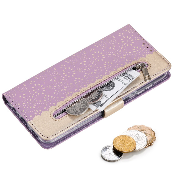 Flipové pouzdro pro Samsung Galaxy A14 4G/5G, Wallet Pocket Zipper Lace, fialové