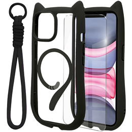 Pouzdro pro iPhone 11, pro MagSafe, Cute Cat, černé + sklo na displej