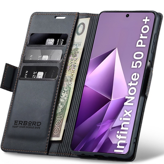 Pouzdro pro Infinix Note 50 Pro+, ERBORD Glossy Litchi, flipová peněženka, černé