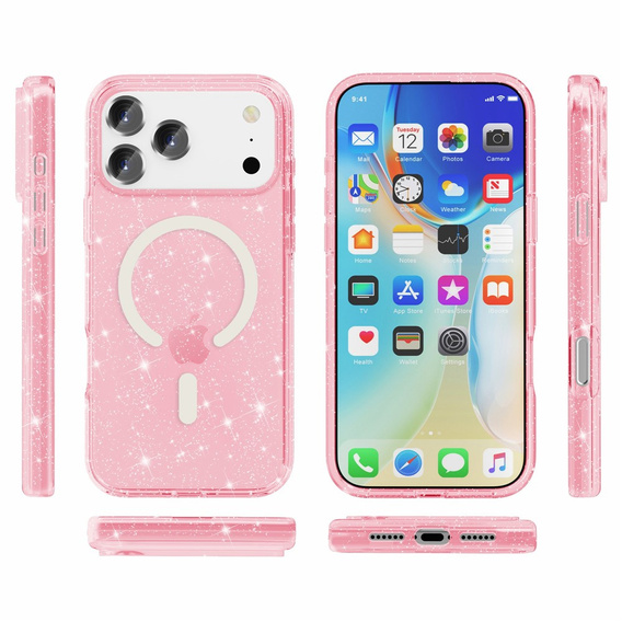 Pouzdro pro iPhone 17 Pro, pro MagSafe, třpytivé, transparentní růžové