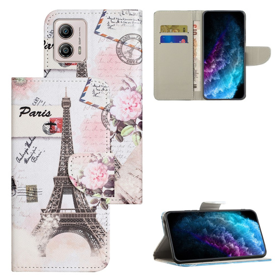 Klopové pouzdro pro Motorola Moto G73 5G, Wallet, Eiffel Tower, bílé