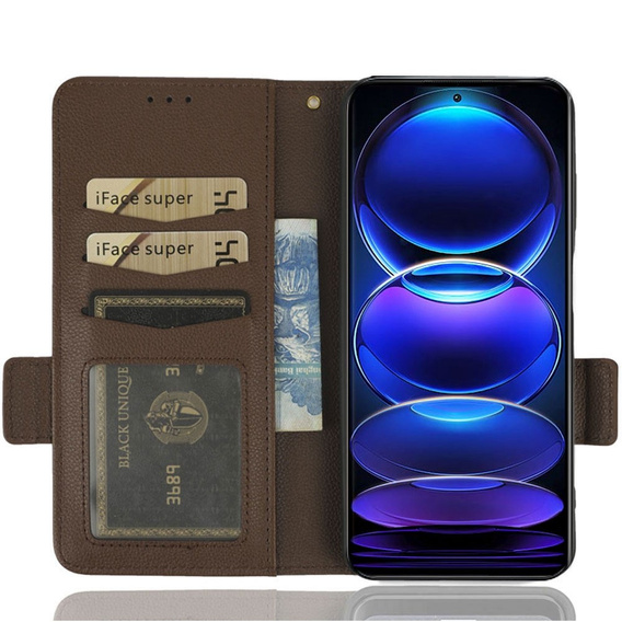 Klopové pouzdro pro Xiaomi Redmi Note 12 5G / POCO X5 5G, Wallet Litchi Magnet, hnědé