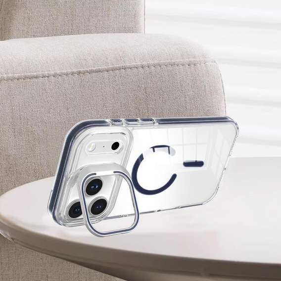 Pouzdro pro iPhone 17 Pro, pro MagSafe, se stojánkem, průhledné s tmavě modrými vložkami