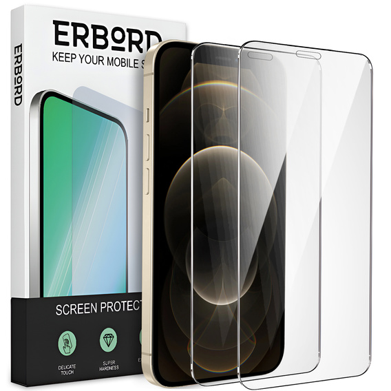 2x tvrzené sklo pro iPhone 12 Pro Max, ERBORD 9H Hard Glass na displeji