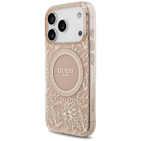 Pouzdro Guess IML Flowers Electroplated Allover With Beads Strap, pro MagSafe, s páskem pro iPhone 17 Pro Max