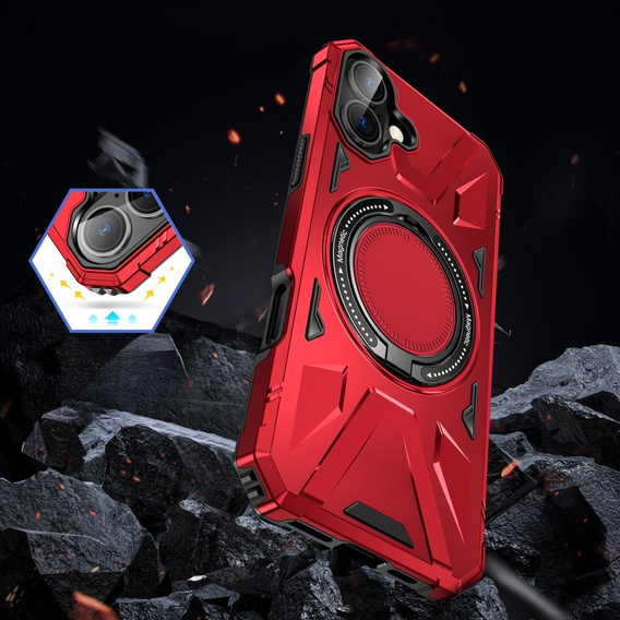 Pouzdro pro iPhone 16, pancéřované se stojánkem a deskou na rukojeť, červené