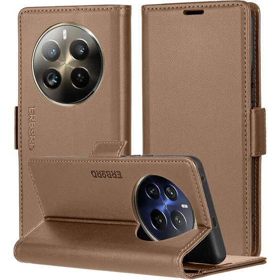 Pouzdro pro Realme 12 Pro 5G / 12 Pro+ 5G, ERBORD Glossy Litchi, flipová peněženka, hnědé