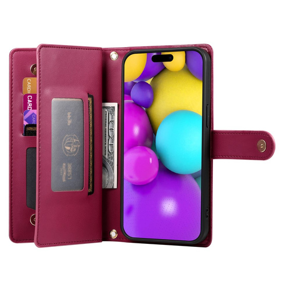 Klopové pouzdro pro iPhone 16, Wallet Zipper Pocket, červené