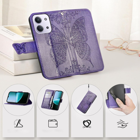 Klopové pouzdro pro Xiaomi Redmi 15C 4G/LTE, Butterfly, fialové