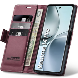 Pouzdro pro Realme 14 Pro 5G, ERBORD Glossy Litchi, flipová peněženka, červené