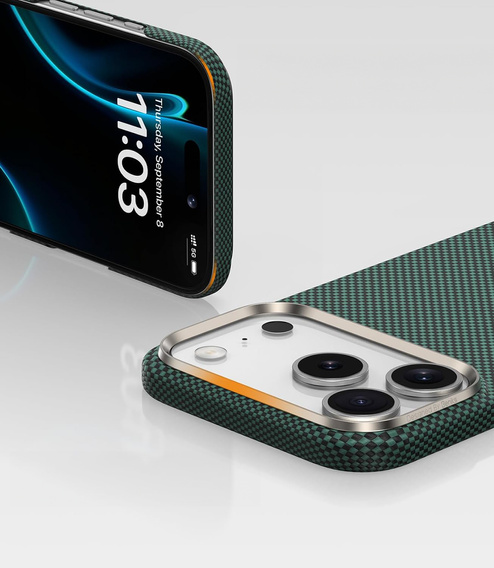 BENKS Kevlar pouzdro pro iPhone 17 Pro Max, Magnetic Armor Tint 1000D 0070, pro MagSafe, aktivní tlačítko – zelené