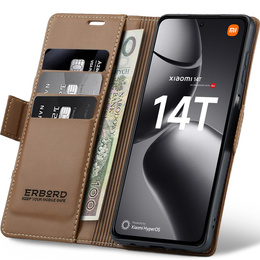 Pouzdro pro Xiaomi 14T, ERBORD Glossy Litchi, flipová peněženka, hnědé