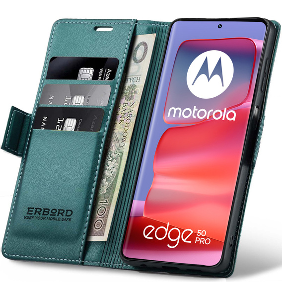 Pouzdro pro Motorola Edge 50 Pro, ERBORD Glossy Litchi, flipová peněženka, zelené