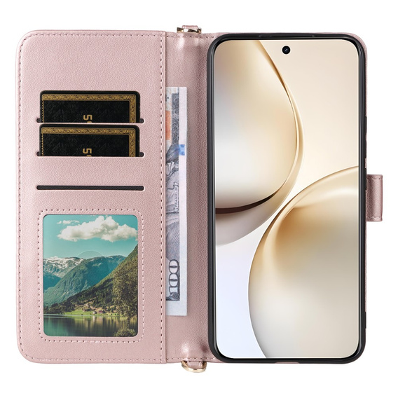Flipové pouzdro pro Realme 14 Pro+ 5G, Crossbody Leather Wallet, růžové rose gold