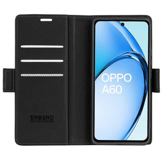 Pouzdro pro Oppo A60, ERBORD Glossy Litchi, flipová peněženka, černé