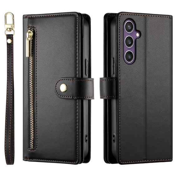 Klopové pouzdro pro Samsung Galaxy S25, Wallet Zipper Pocket, černé
