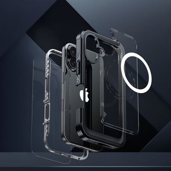 Pouzdro pro iPhone 16, Shockproof, se sklem, pro MagSafe, černé
