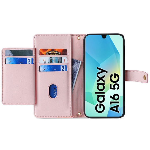 Klopové pouzdro pro Samsung Galaxy A16, Wallet Zipper Pocket, růžové