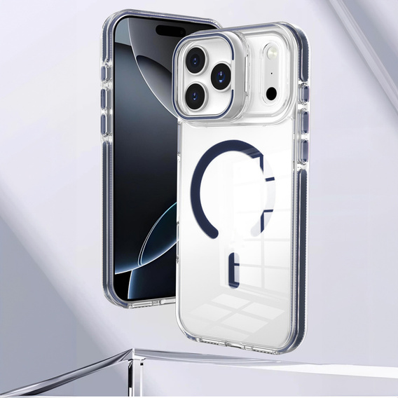 Pouzdro pro iPhone 17 Pro, pro MagSafe, se stojánkem, průhledné s tmavě modrými vložkami