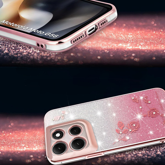 Pouzdro pro Motorola Moto G56 5G, Glitter Flower, růžové rose gold