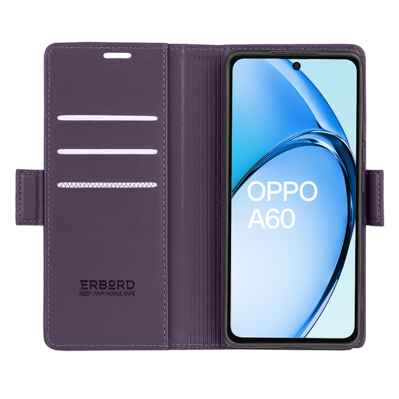 Pouzdro pro Oppo A60, ERBORD Glossy Litchi, flipová peněženka, fialové