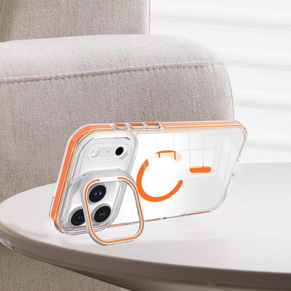 Pouzdro pro iPhone 17 Pro, pro MagSafe, se stojánkem, průhledné s oranžovými vložkami