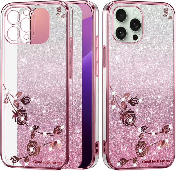 Pouzdro pro iPhone 16 Pro, Glitter Flower, růžové rose gold