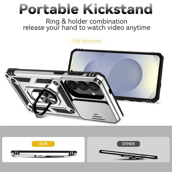 Pevné pouzdro s podstavcem a krytem objektivu pro Samsung Galaxy S26 Plus, stříbrné